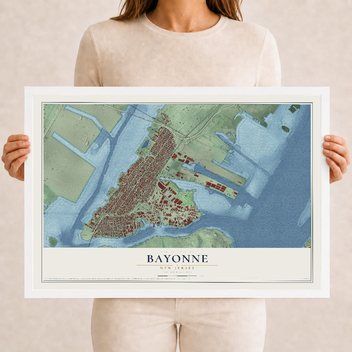 Bayonne, New Jersey map print, 12" x 18" W/ White Ayous Wood Frame mockup