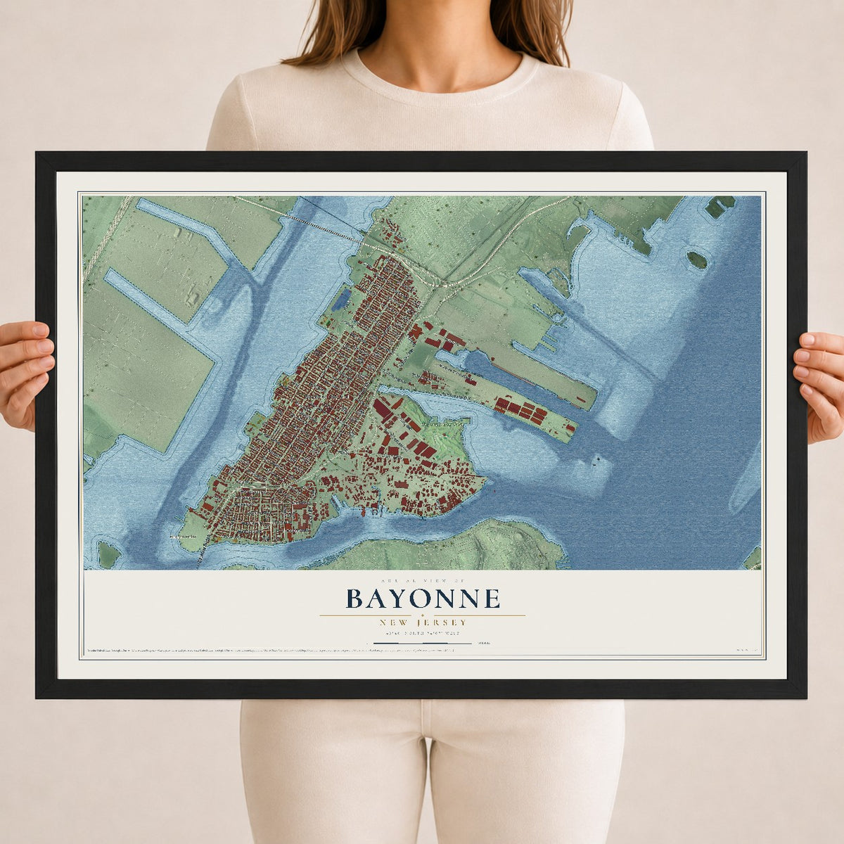 Bayonne, New Jersey map print, 18" x 24" W/ Black Ayous Wood Frame mockup