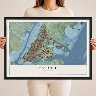 Bayonne, New Jersey map print, 18" x 24" W/ Black Ayous Wood Frame mockup
