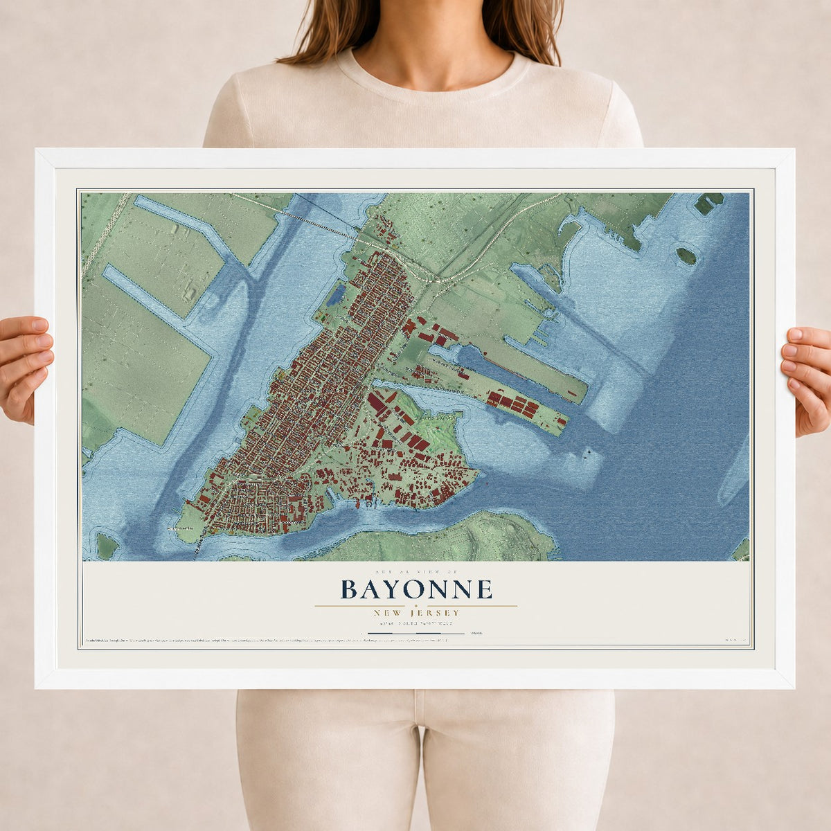 Bayonne, New Jersey map print, 18" x 24" W/ White Ayous Wood Frame mockup