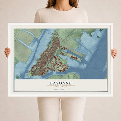Bayonne, New Jersey map print, 24" x 36" W/ White Ayous Wood Frame mockup