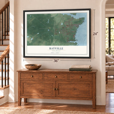 Bayville, New Jersey map, 24 x 36 inch print in a black frame above a dresser by a staircase