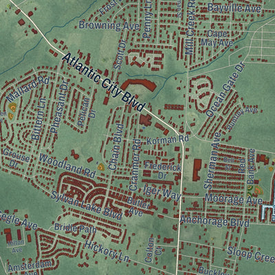 Close-up of the map of Bayville, New Jersey print showing street and building detail
