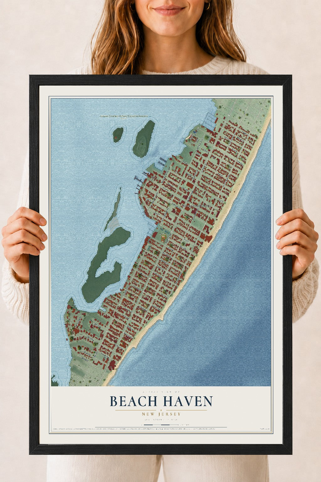 Beach Haven, New Jersey map print, 18" x 24" W/ Black Ayous Wood Frame mockup