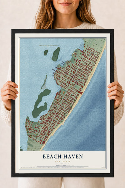 Beach Haven, New Jersey map print, 18" x 24" W/ Black Ayous Wood Frame mockup