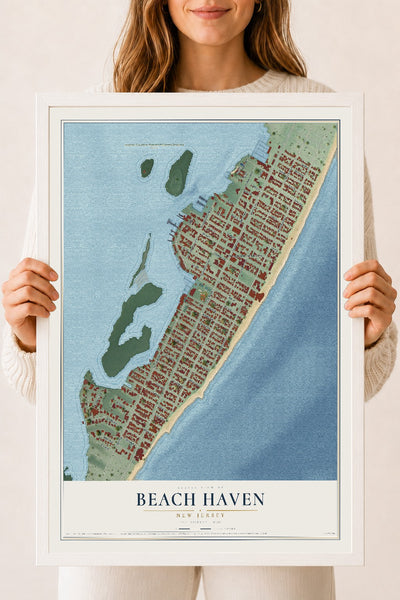 Beach Haven, New Jersey map print, 18" x 24" W/ White Ayous Wood Frame mockup