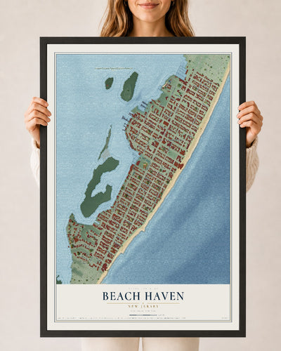 Beach Haven, New Jersey map print, 24" x 36" W/ Black Ayous Wood Frame mockup