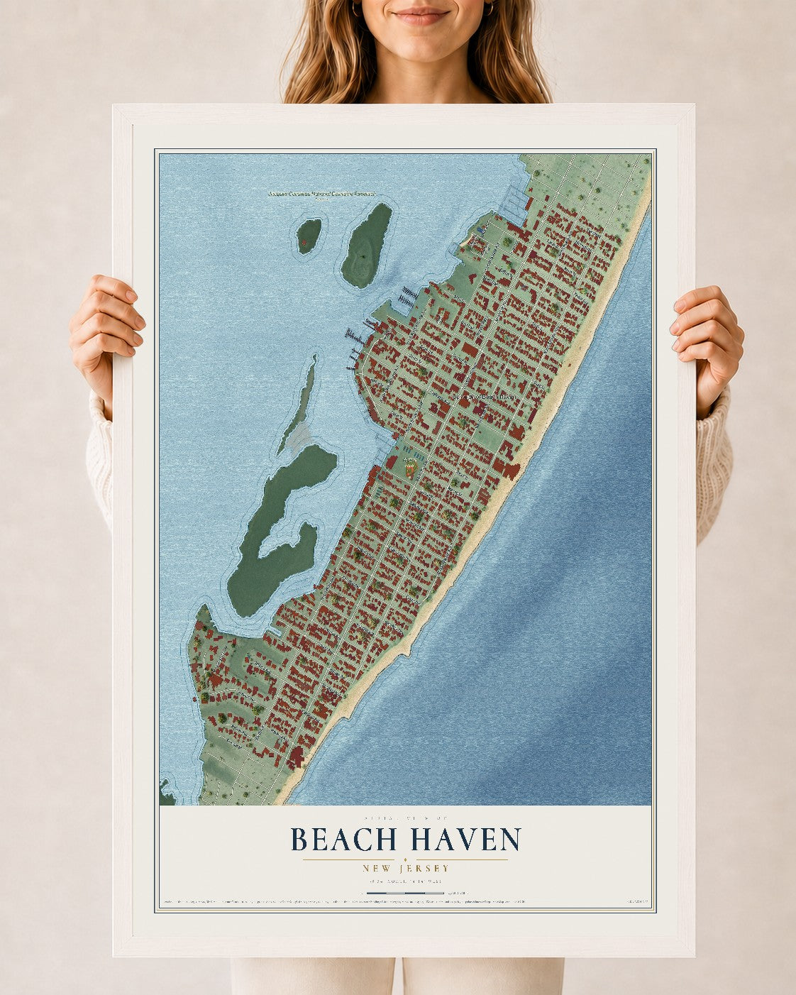 Beach Haven, New Jersey map print, 24" x 36" W/ White Ayous Wood Frame mockup