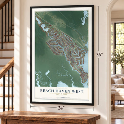 Beach Haven West, New Jersey map, 24 x 36 inch print in a black frame by a staircase