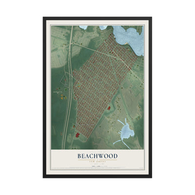 Beachwood, New Jersey map print, 12" x 18" W/ Black Ayous Wood Frame mockup