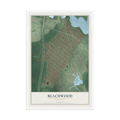 Beachwood, New Jersey map print, 12" x 18" W/ White Ayous Wood Frame mockup