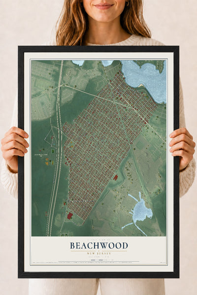 Beachwood, New Jersey map print, 18" x 24" W/ Black Ayous Wood Frame mockup