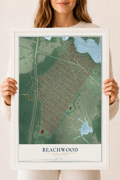 Beachwood, New Jersey map print, 18" x 24" W/ White Ayous Wood Frame mockup