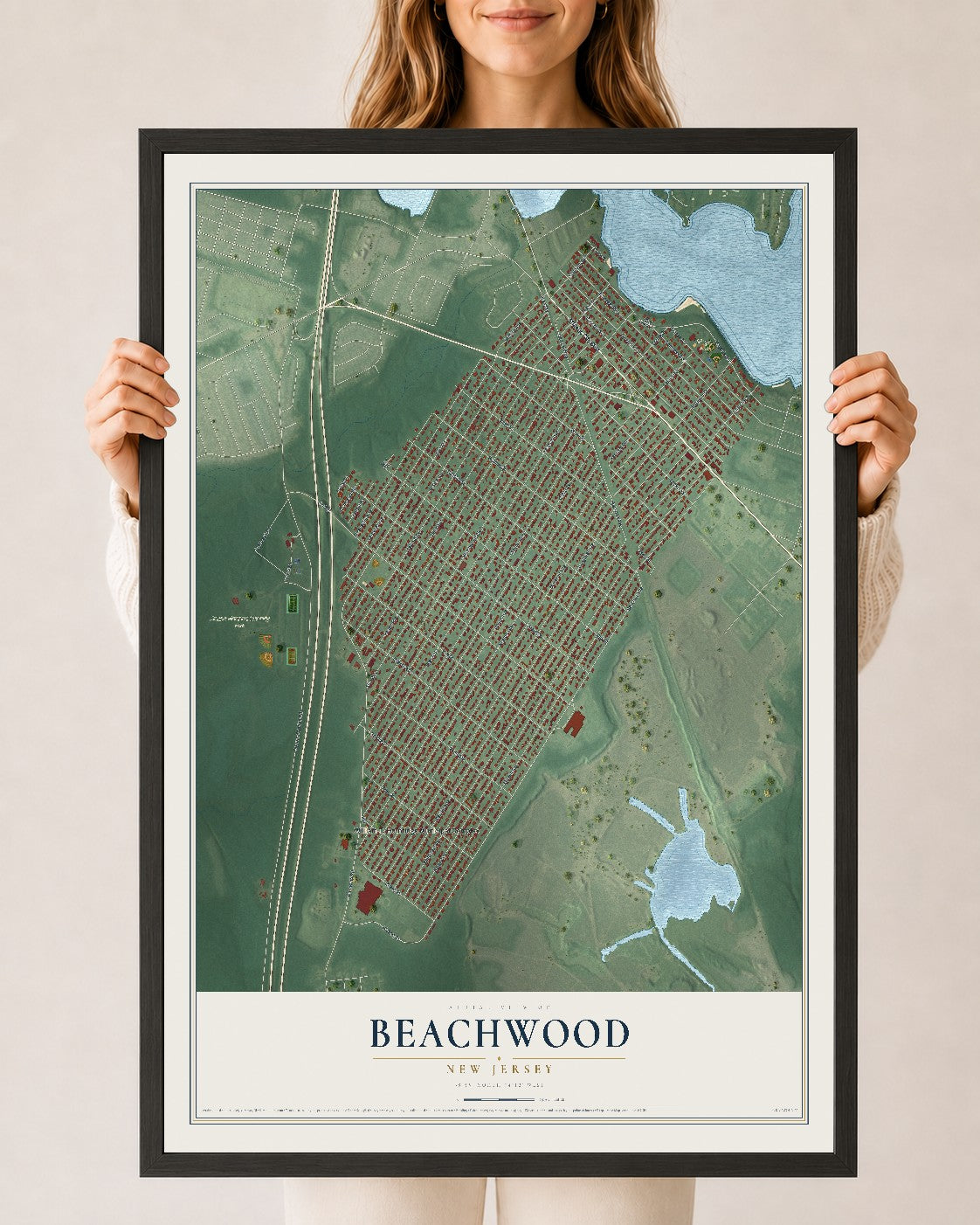 Beachwood, New Jersey map print, 24" x 36" W/ Black Ayous Wood Frame mockup