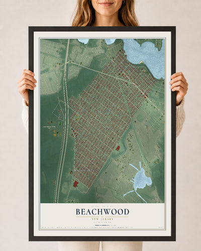 Beachwood, New Jersey map print, 24" x 36" W/ Black Ayous Wood Frame mockup