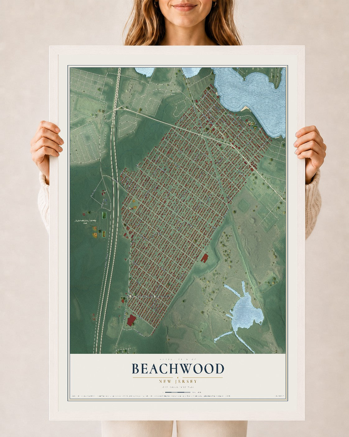Beachwood, New Jersey map print, 24" x 36" W/ White Ayous Wood Frame mockup