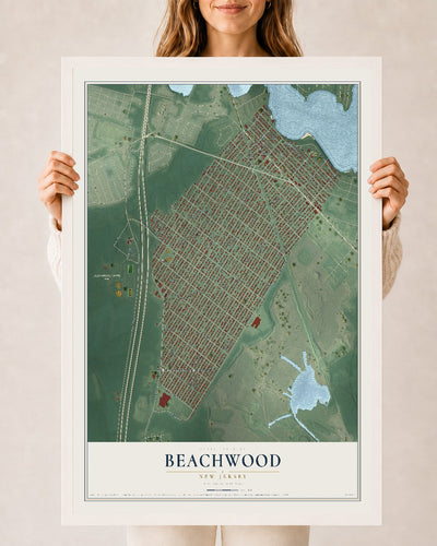 Beachwood, New Jersey map print, 24" x 36" W/ White Ayous Wood Frame mockup