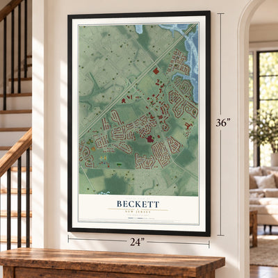 Beckett, New Jersey map, 24 x 36 inch print in a black frame by a staircase