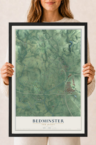 Bedminster, New Jersey map print, 18" x 24" W/ Black Ayous Wood Frame mockup
