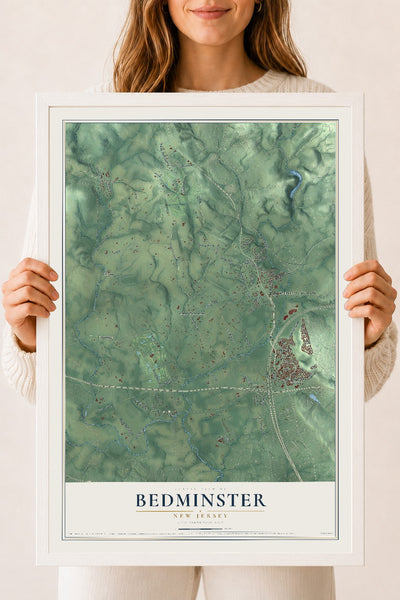 Bedminster, New Jersey map print, 18" x 24" W/ White Ayous Wood Frame mockup