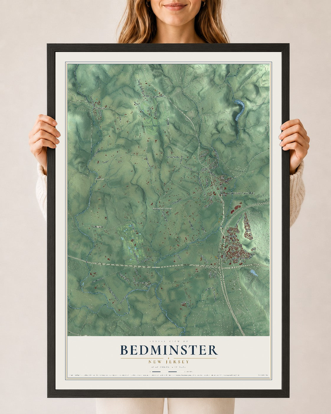 Bedminster, New Jersey map print, 24" x 36" W/ Black Ayous Wood Frame mockup
