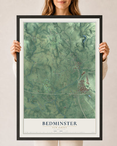Bedminster, New Jersey map print, 24" x 36" W/ Black Ayous Wood Frame mockup