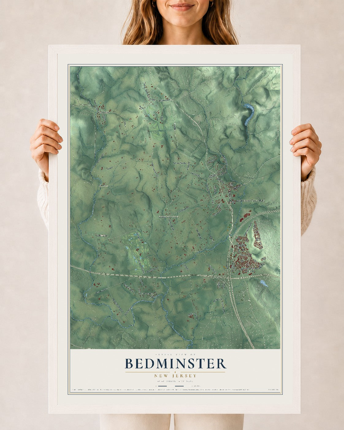 Bedminster, New Jersey map print, 24" x 36" W/ White Ayous Wood Frame mockup