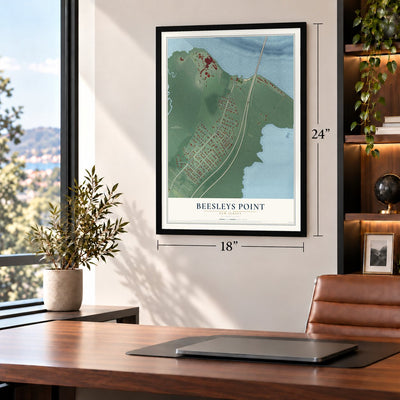 Beesleys Point, New Jersey map, 18 x 24 inch print in a black frame in a home office