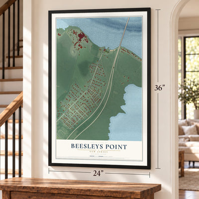 Beesleys Point, New Jersey map, 24 x 36 inch print in a black frame by a staircase