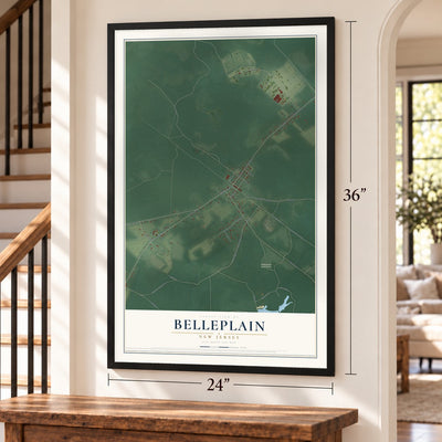 Belleplain, New Jersey map, 24 x 36 inch print in a black frame by a staircase