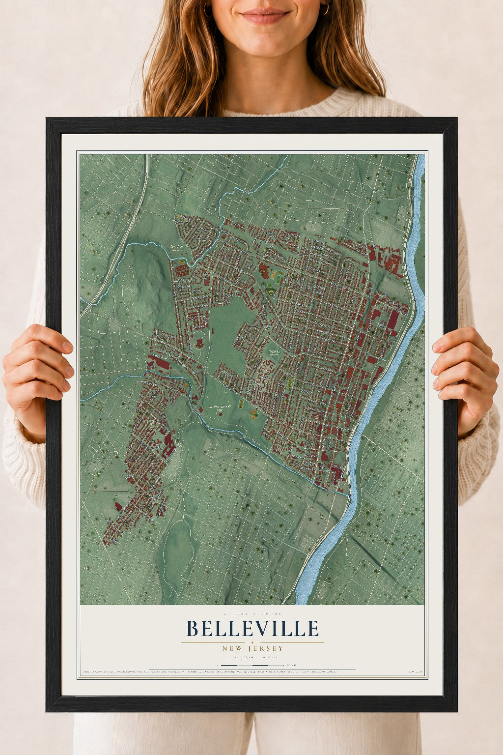Belleville, New Jersey map print, 18" x 24" W/ Black Ayous Wood Frame mockup