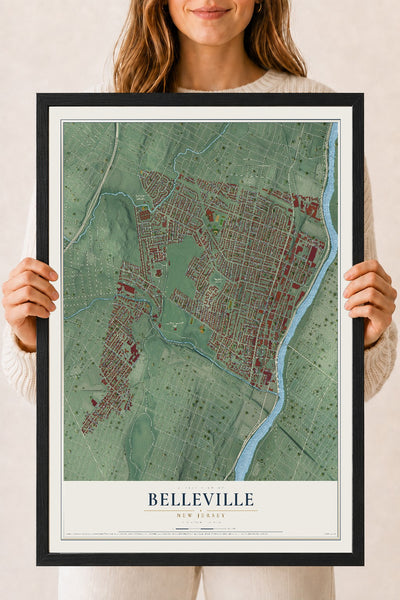 Belleville, New Jersey map print, 18" x 24" W/ Black Ayous Wood Frame mockup