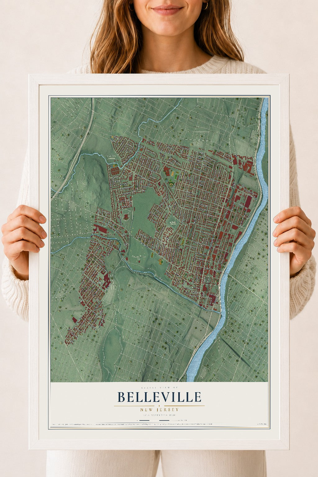 Belleville, New Jersey map print, 18" x 24" W/ White Ayous Wood Frame mockup
