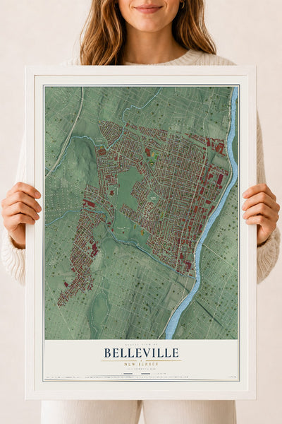 Belleville, New Jersey map print, 18" x 24" W/ White Ayous Wood Frame mockup