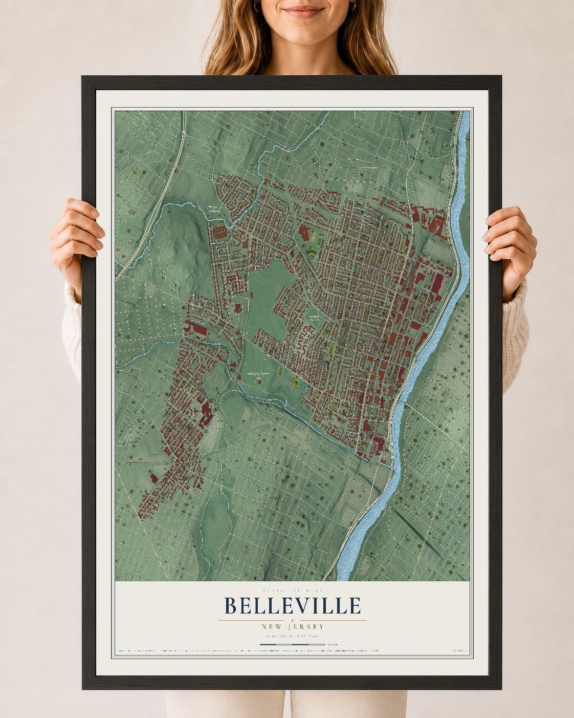 Belleville, New Jersey map print, 24" x 36" W/ Black Ayous Wood Frame mockup