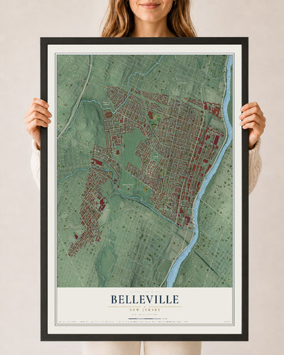 Belleville, New Jersey map print, 24" x 36" W/ Black Ayous Wood Frame mockup