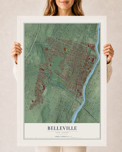 Belleville, New Jersey map print, 24" x 36" W/ White Ayous Wood Frame mockup