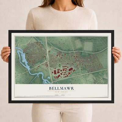 Bellmawr, New Jersey map print, 12" x 18" W/ Black Ayous Wood Frame mockup