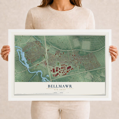 Bellmawr, New Jersey map print, 12" x 18" W/ White Ayous Wood Frame mockup