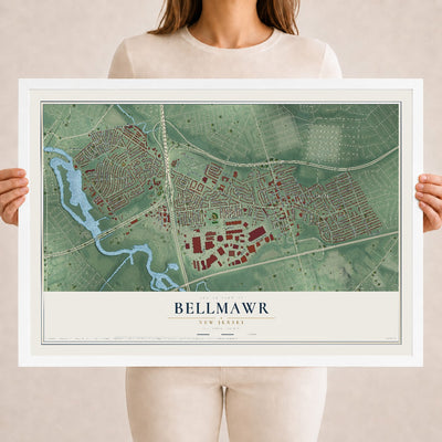 Bellmawr, New Jersey map print, 18" x 24" W/ White Ayous Wood Frame mockup