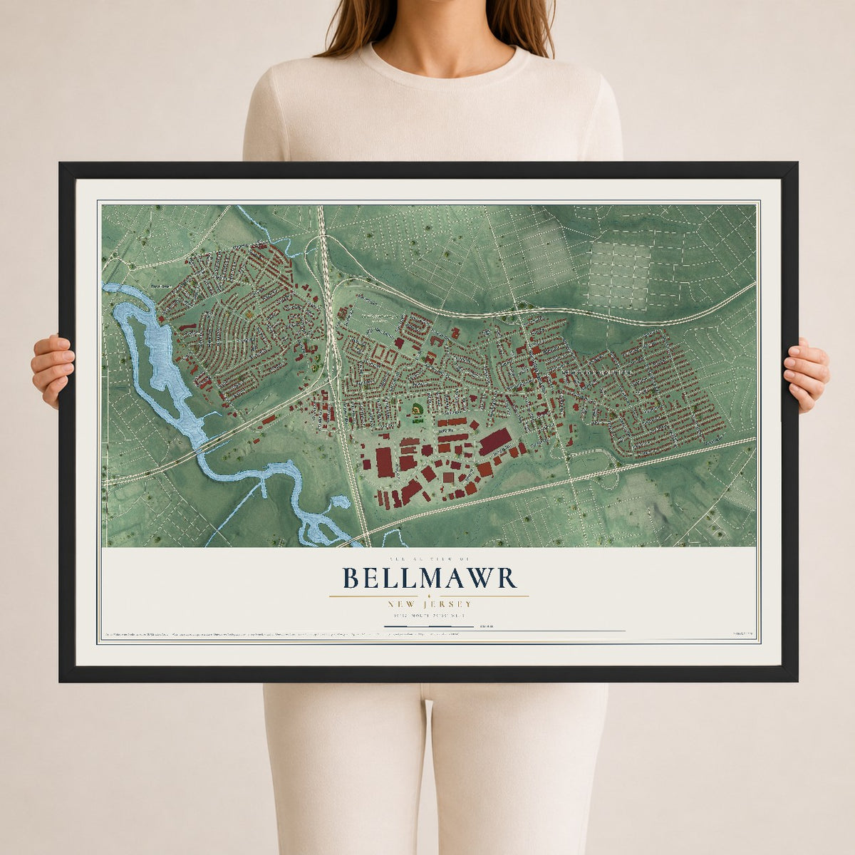 Bellmawr, New Jersey map print, 24" x 36" W/ Black Ayous Wood Frame mockup