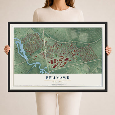 Bellmawr, New Jersey map print, 24" x 36" W/ Black Ayous Wood Frame mockup