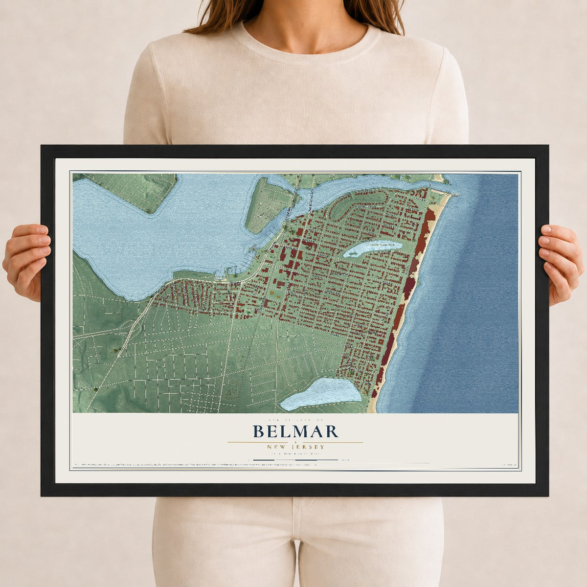 Belmar, New Jersey map print, 12" x 18" W/ Black Ayous Wood Frame mockup