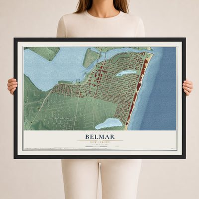 Belmar, New Jersey map print, 24" x 36" W/ Black Ayous Wood Frame mockup