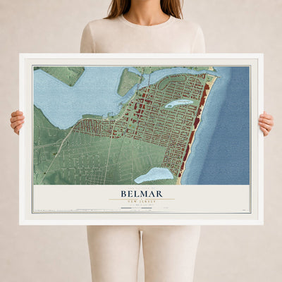 Belmar, New Jersey map print, 24" x 36" W/ White Ayous Wood Frame mockup