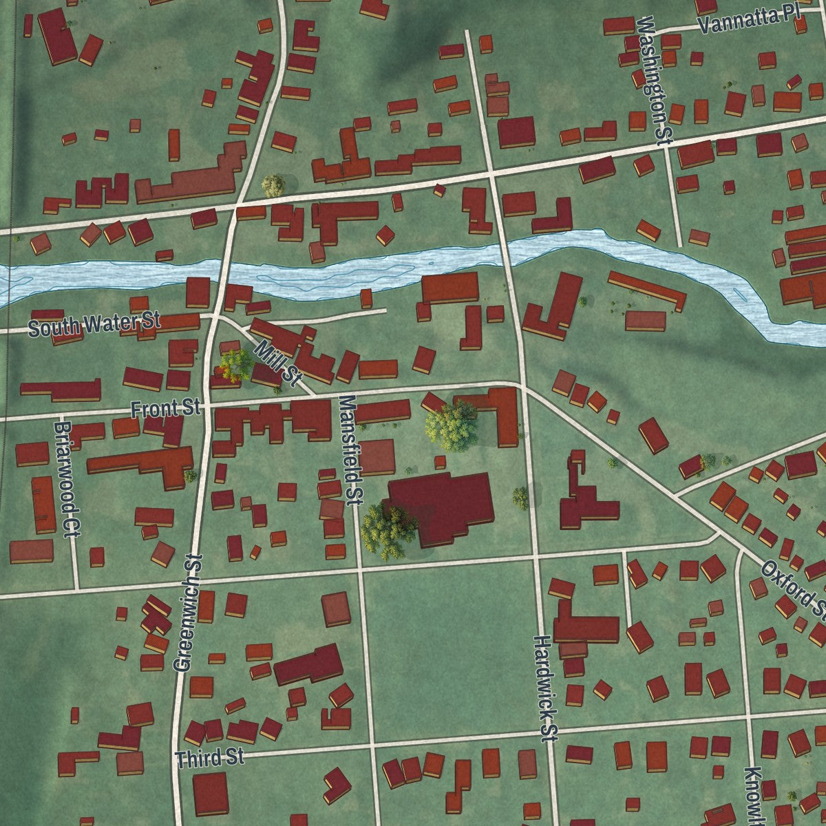 Close-up of the map of Belvidere, New Jersey print showing street and building detail
