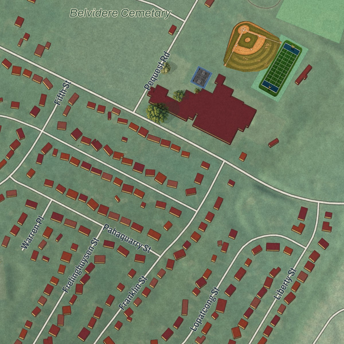 Second close-up of the map of Belvidere, New Jersey print showing more streets and buildings