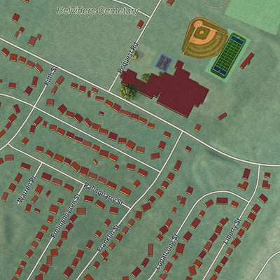 Second close-up of the map of Belvidere, New Jersey print showing more streets and buildings