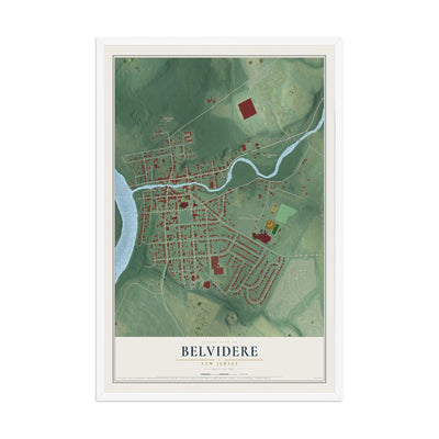 Map of Belvidere, New Jersey, 12 x 18 inch print in a white wood frame