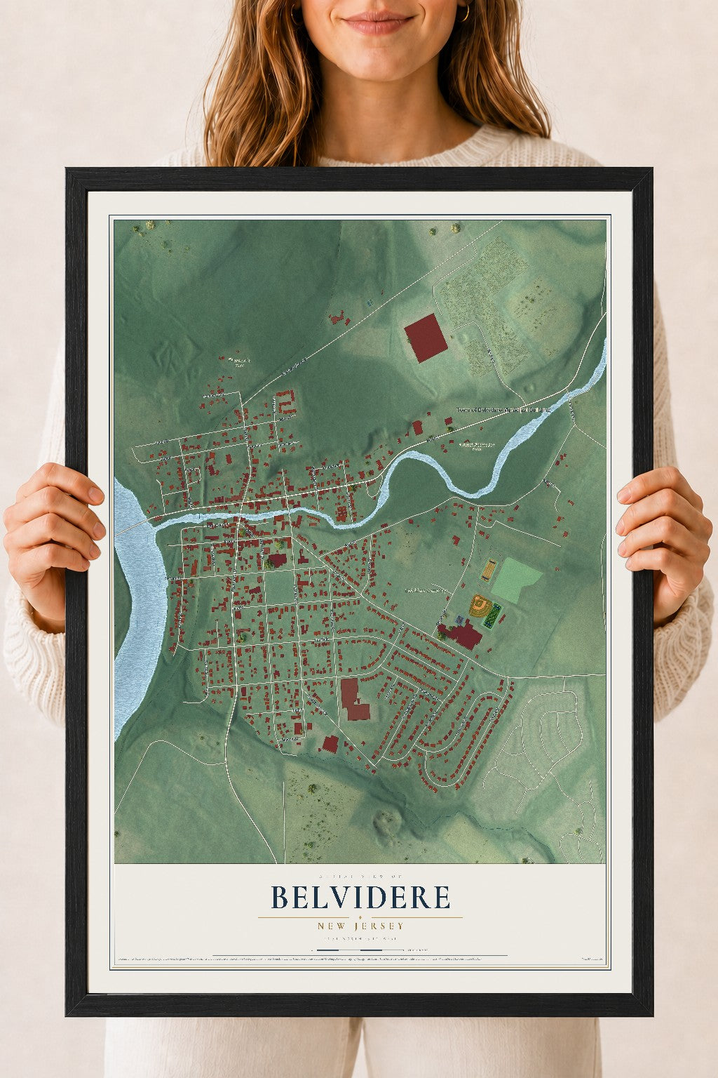 Map of Belvidere, New Jersey, 18 x 24 inch print in a black wood frame